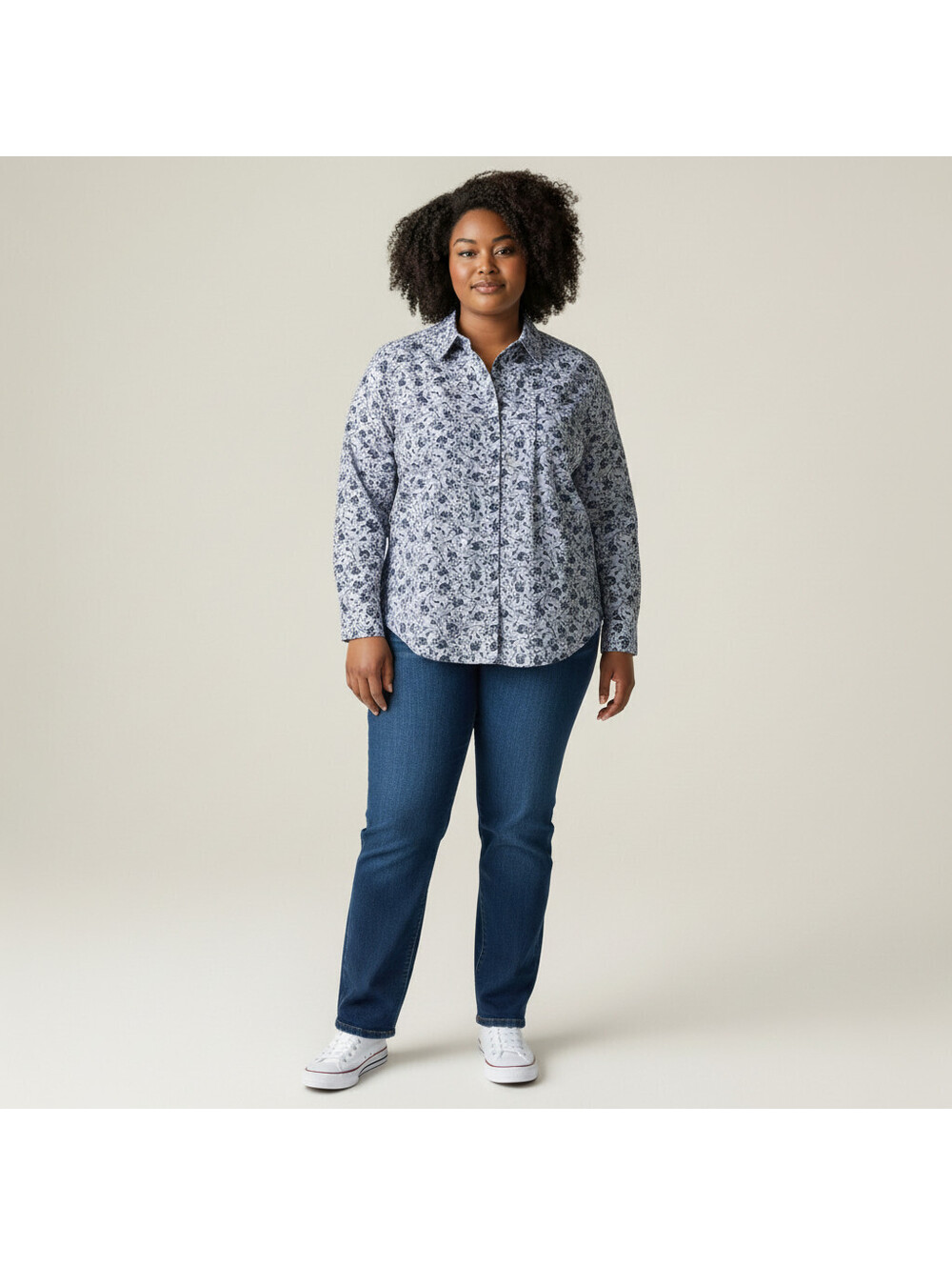 Croft & Barrow Shirt Women 1X Plus Gray Floral Button Up Collared Long Sleeve